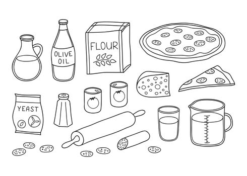 Set of hand drawn ingredients for pizza.