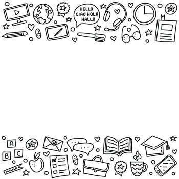 Poster with doodle language courses icons.