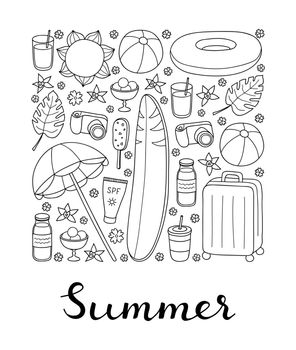 Hand drawn summer and vacation items in square shape.