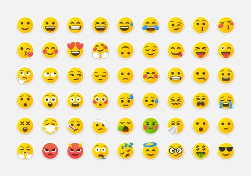Colorful emoticons vector pack. Yellow smile Emoji in neumorphic style big set. Neumorphism design icons. Vector EPS 10