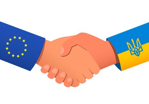 Handshake between European Union and Ukraine as a symbol of financial or political relations and assistance. Vector illustration EPS 10