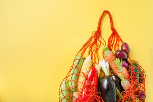 zero waste shopping concept. vegetables in mesh bag without plastic
