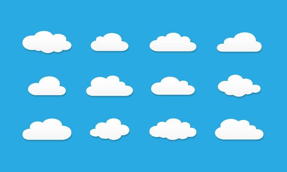 White clouds vector set. Clouds with shadows isolated on blue background. Vector EPS 10