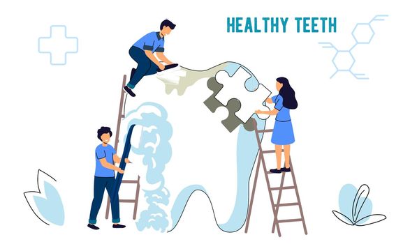 Dentist checkup Stomatology Dental Care flat vector illustration concept Dentistry work Tiny people caring for a tooth Protect human teeth from caries and health prevention. Hygiene technology