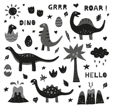 Set of doodle dinosaurs and other icons.