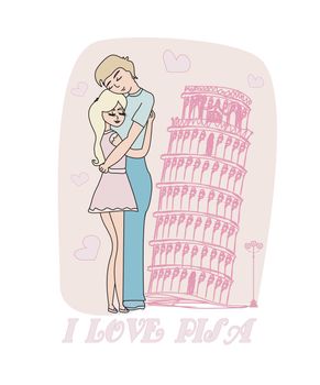 love couple hugging in front of Pisa leaning tower, Italy