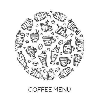 Doodle coffee drinks in circle.