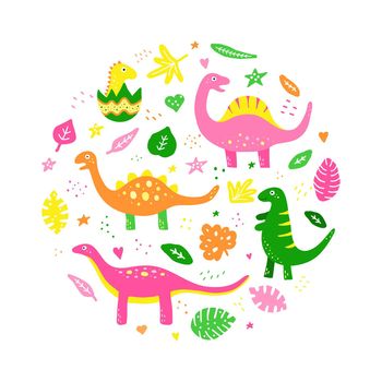 Dinosaurs and leaves in circle.