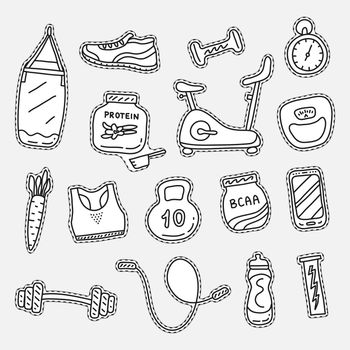 Set of doodle uncolored gym and fitness stickers isolated on white background.