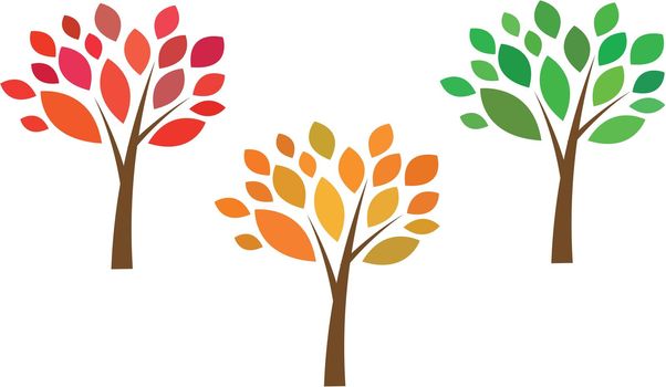 Seasonal trees with red, orange, green leaves.
