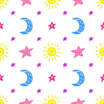 Seamless pattern with stars, moon and sun.