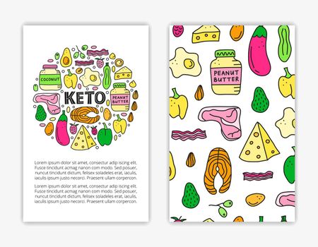 Card templates with doodle ketogenic foods.