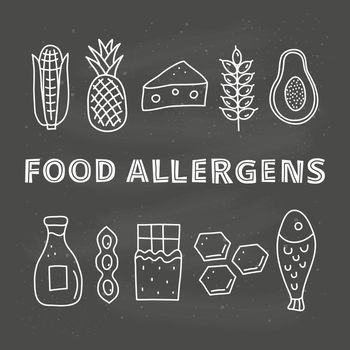 Poster with lettering and doodle outline food allergens.