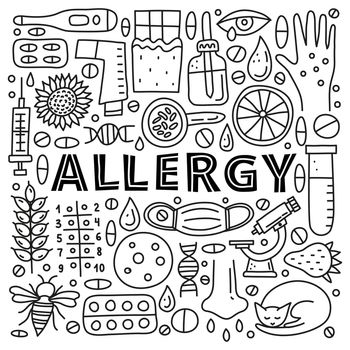 Poster with lettering and doodle outline allergy icons.