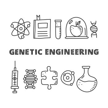 Poster with lettering and doodle genetic engineering icons.