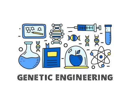 Group of doodle colored genetic engineering icons.