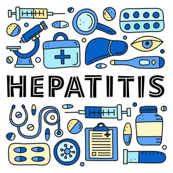Poster with doodle colored hepatitis medical icons.
