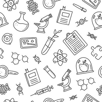 Black and white seamless pattern with doodle outline genetic engineering icons including dna, microscope, syringe, blank clipboard, molecule, plant in test tube, puzzle, book, tablet.