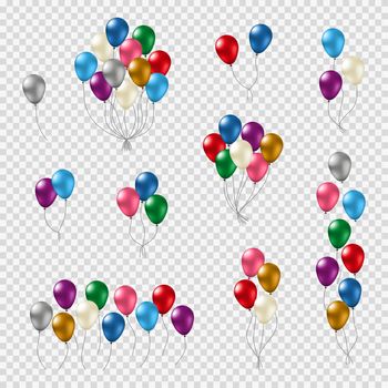 Bunches and groups of colorful helium balloons.