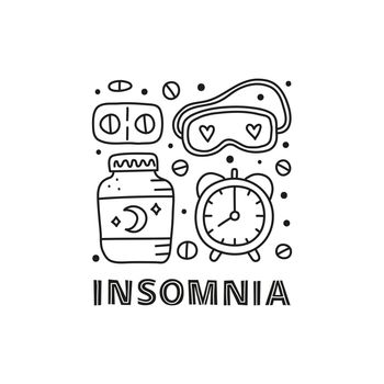 Group of doodle outline insomnia icons.