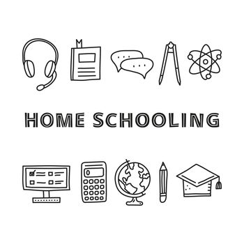 Poster with lettering and doodle education, e-learning icons.
