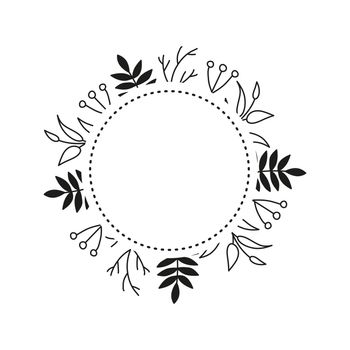 Round wreath with doodle leafy twigs, wild herbs, plants, berries.