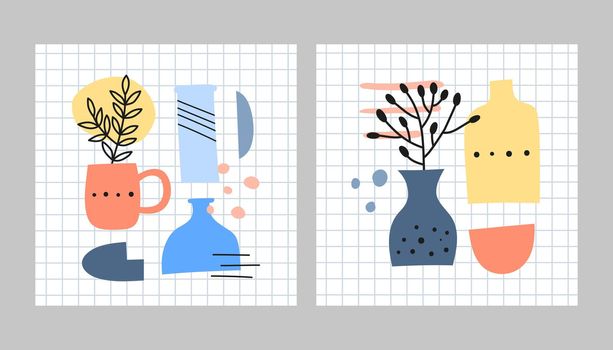 Card templates with spots, dots, vases, leafy twigs, herbs.