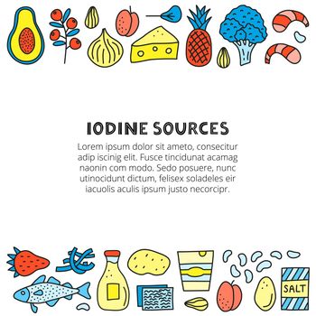 Poster with doodle colored iodine foods sources.