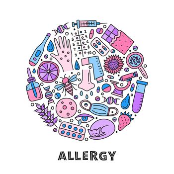 Doodle colored allergy icons in circle.