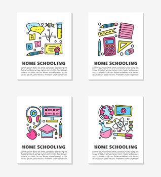 Cards with lettering and doodle outline education, e-learning icons.