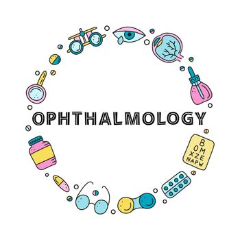 Doodle colored ophthalmology icons in circle.
