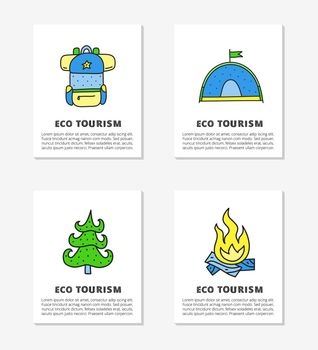 Cards with doodle colored eco tourism icons.