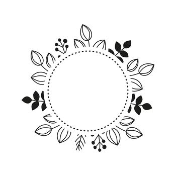 Round wreath with doodle leafy twigs, wild herbs, plants, berries.
