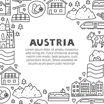 Poster with lettering and doodle outline Austria icons.