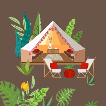 Glamping vector illustration. Beautiful picture with marquee and tropical flora.