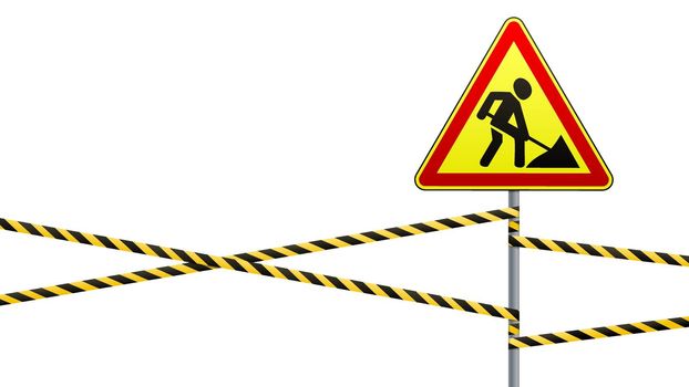 Traffic warning sign on a pole with a guard tape. Road works. Vector illustration.