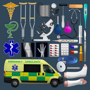 Medical equipment set. Emergensy ambulance, tools, medical products. Vector illustrations.