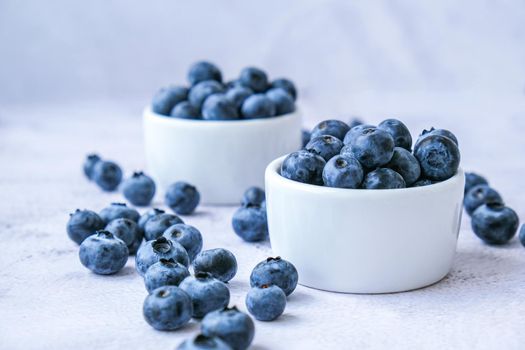 Fresh blueberries background with copy space. Blueberry antioxidant organic superfood in bowls concept for healthy eating and nutrition. Harvesting concept