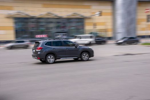 Ukraine, Kyiv - 26 April 2021: Gray Subaru Forester car moving on the street. Editorial