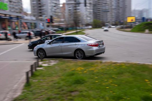 Ukraine, Kyiv - 26 April 2021: Silver Saab car moving on the street. Editorial