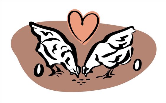 Logo for farmers. Two young hens peck at the grain and lovingly give away the eggs. Color logo, vector.