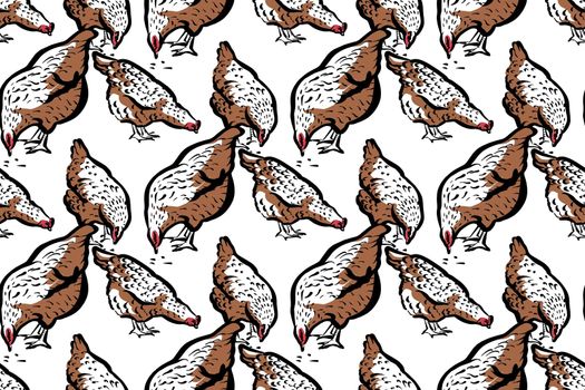Seamless pattern. Chickens peck grain on a white background, dense ornament. Illustration in a realistic style. Vector.Fashionable stylized illustration in retro style.