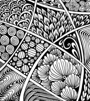 Abstract line art background. Antistress zentangle pictures with various patterns. Hand drawn vector zenart doodle illustration. Graphic black and white sketch.