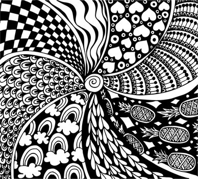 Abstract line art background. Antistress zentangle pictures with various patterns. Hand drawn vector zenart doodle illustration. Graphic black and white sketch.