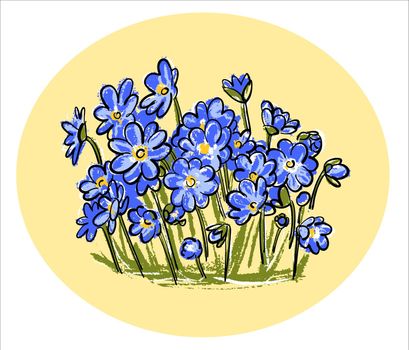 The logo. Spring primroses. Hepatica is a plant with blue flowers. Illustration in the style of a botanical sketch.