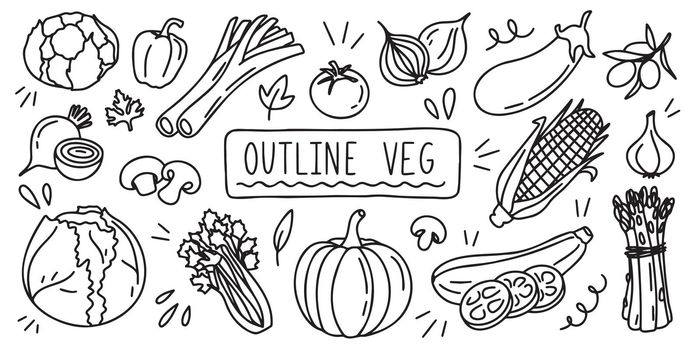 Variable fresh food healthy vegetables. Outline veg doodle hand drawing icon line sketch