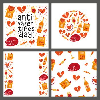 Set of cards with doodle anti Valentine's day icons.