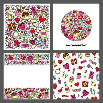 Set of cards with doodle Valentine's day icons.