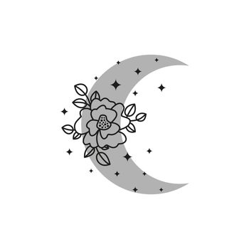 Bohemian crescent moon with outline flower.