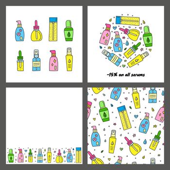 Set of cards with doodle skin care serum, ampoule, essence bottles.